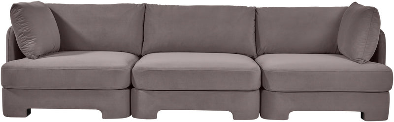 Gray upholstered 3-piece velvet sofa front view with back and seat cushions