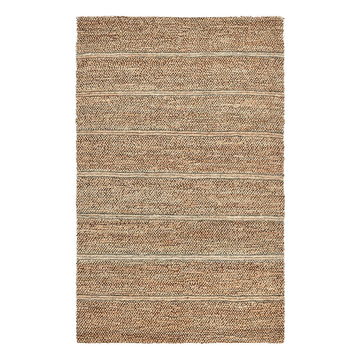 Light brown striped area rug with beige and blue horizontal lines