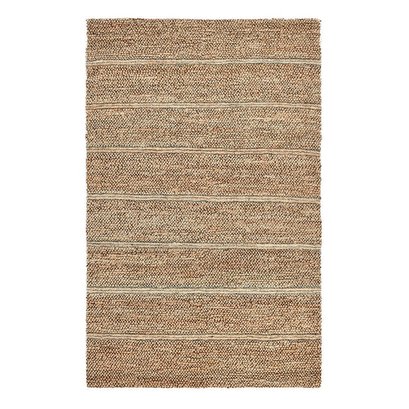 Light brown striped area rug with beige and blue horizontal lines