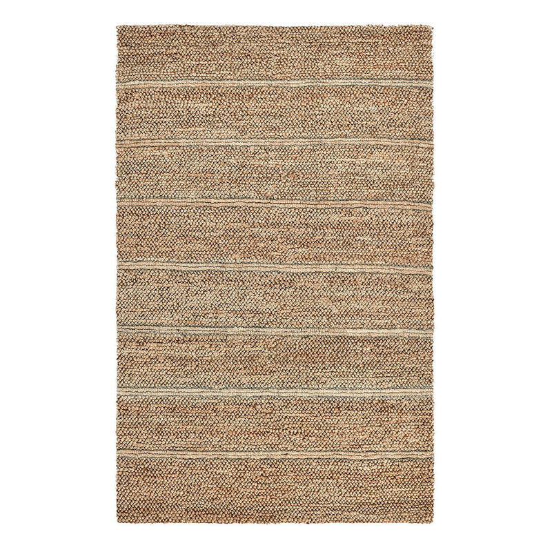 Light brown striped area rug with beige and blue horizontal lines
