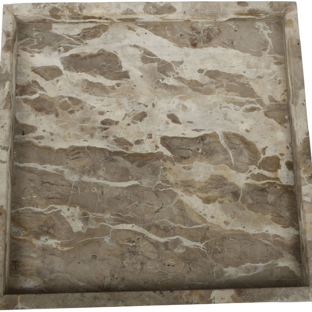 Beige and gray marble tray with square shape and mottled stone veining.