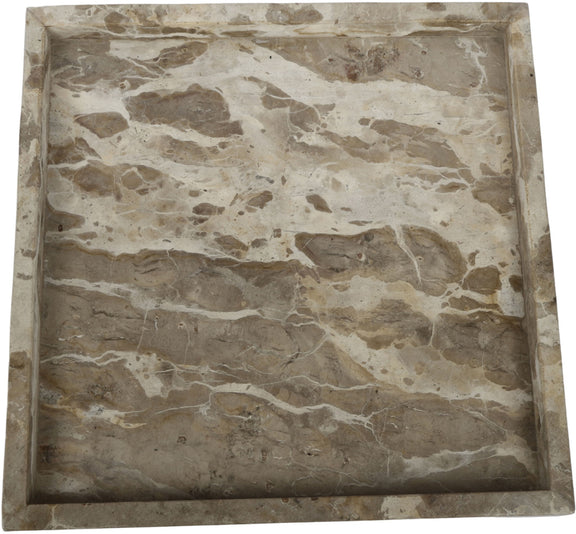 Beige and gray marble tray with square shape and mottled stone veining.