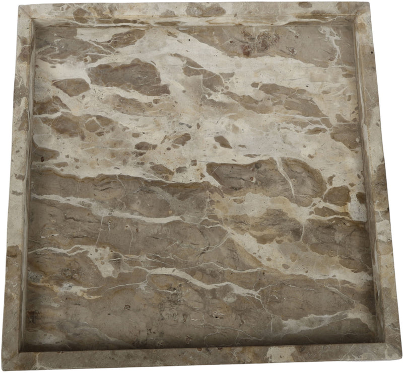 Beige and gray marble tray with square shape and mottled stone veining.