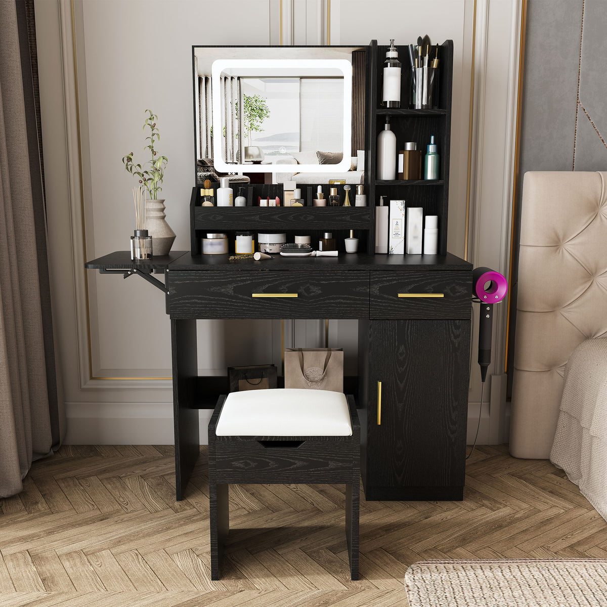 Black vanity desk with LED mirror, cosmetic storage shelves, drawers, cabinet, and matching stool