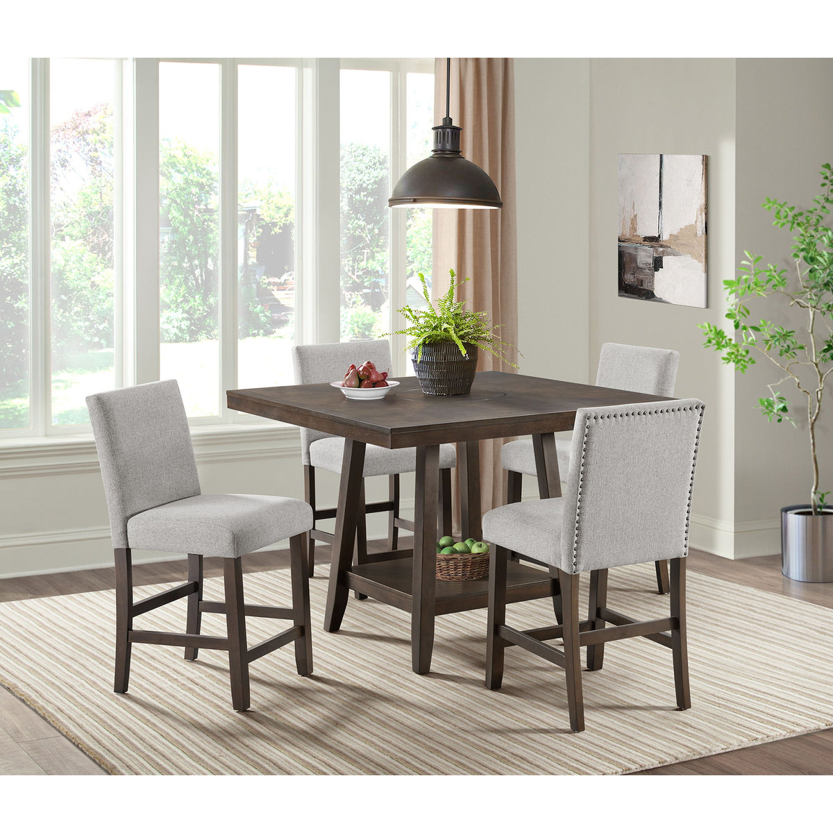 Square counter table with lazy susan, dark gray tabletop and lower shelf with four chairs
