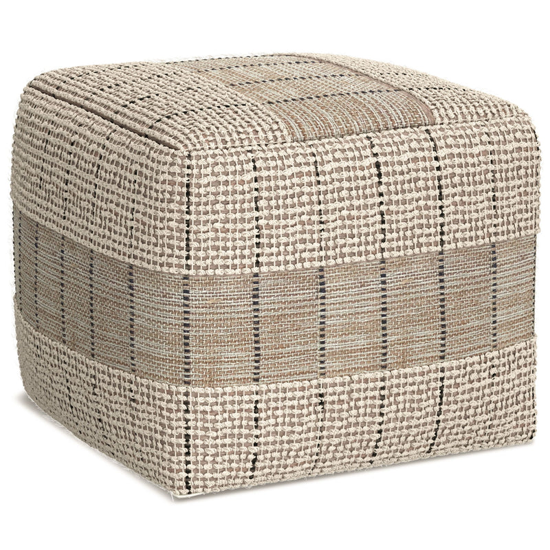 Square woven pouf with natural and gray check pattern, padded top and sides.