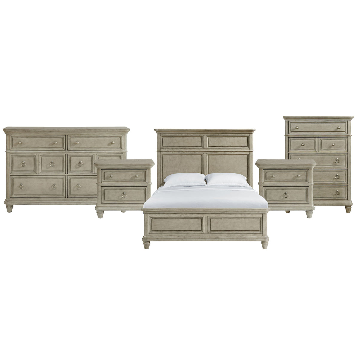 Panel bedroom set with bed and multiple storage units in light gray finish
