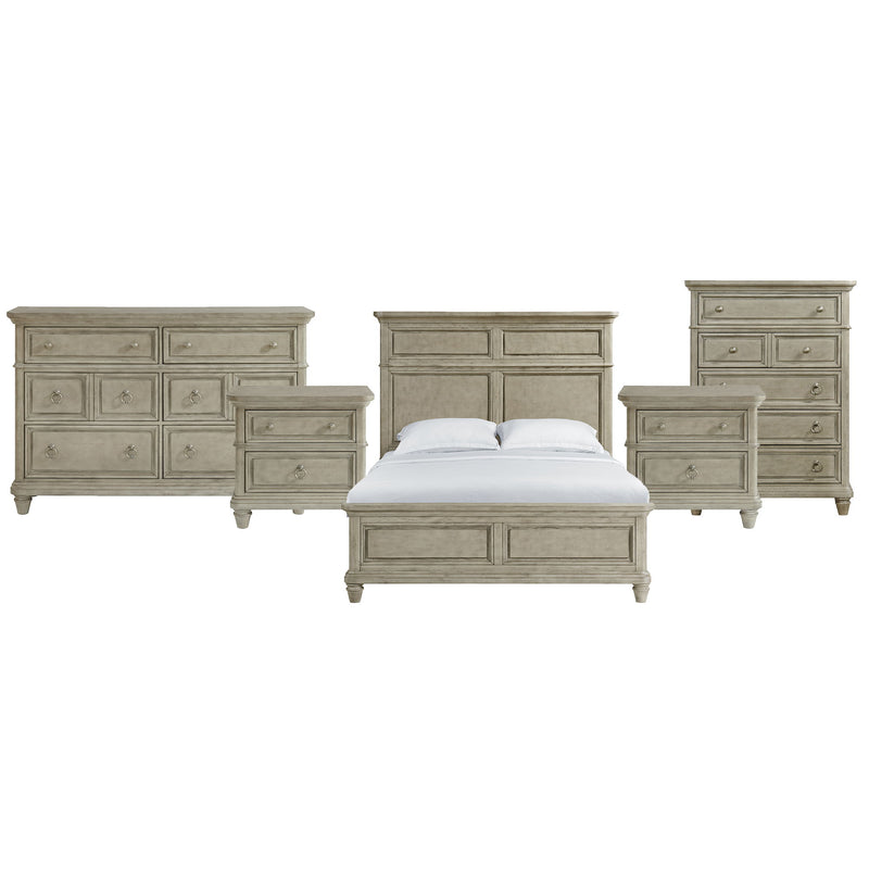 Panel bedroom set with bed and multiple storage units in light gray finish