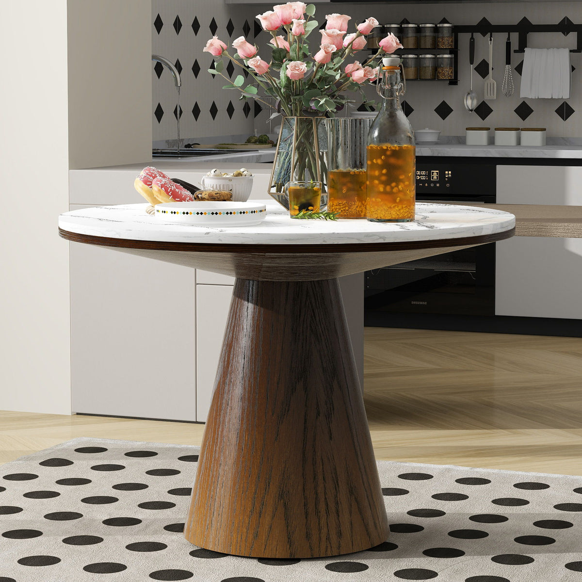 Marble-look dining table with a dark brown wood-grain pedestal base