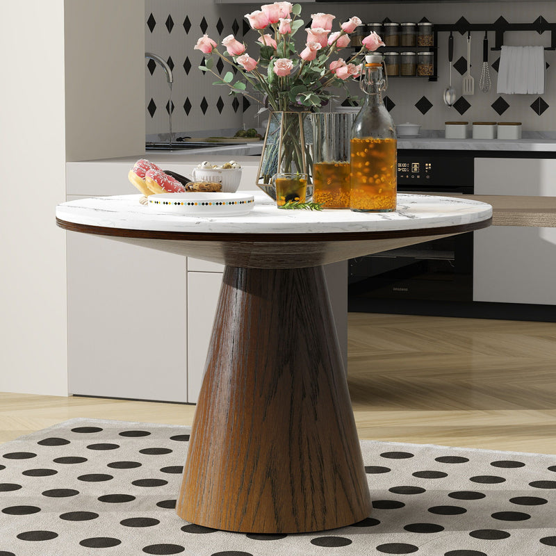 Marble-look dining table with a dark brown wood-grain pedestal base
