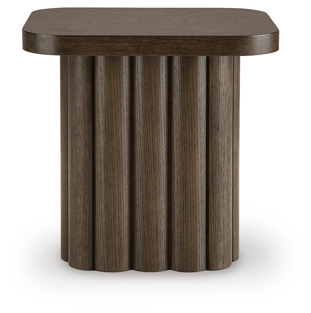 Dark brown rectangular end table with rounded corners, slatted wood side panels