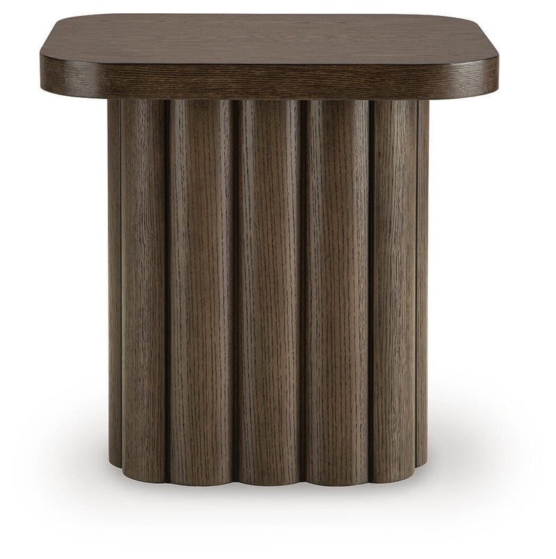 Dark brown rectangular end table with rounded corners, slatted wood side panels