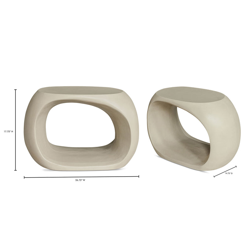 Cream outdoor stool shown with front and side views, oval cutout