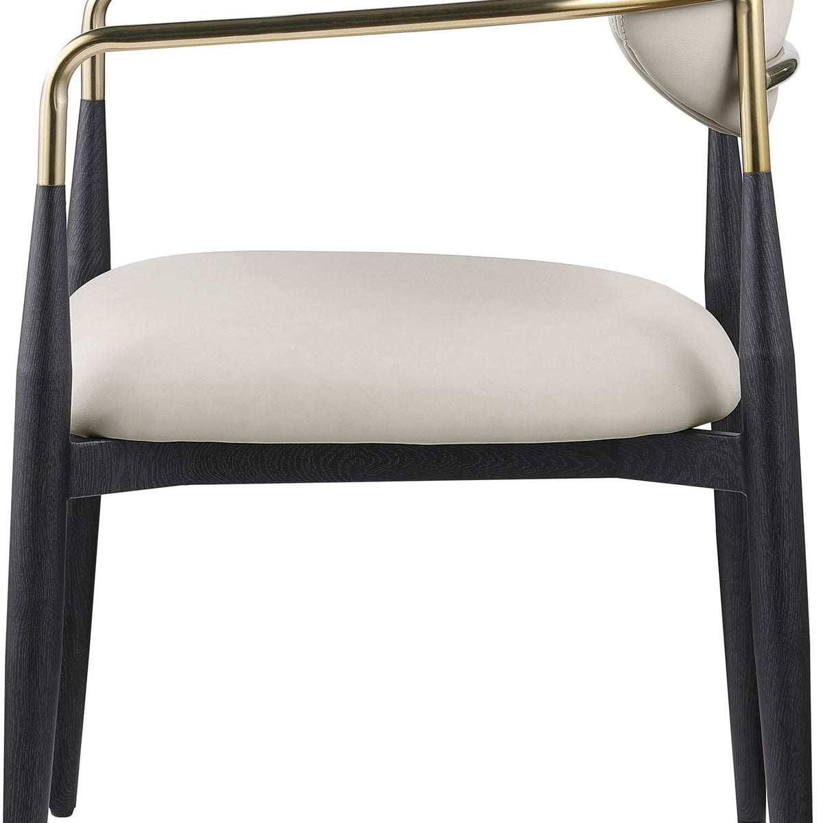 Upholstered dining arm chair with light gray seat and back, black legs, gold arm frame
