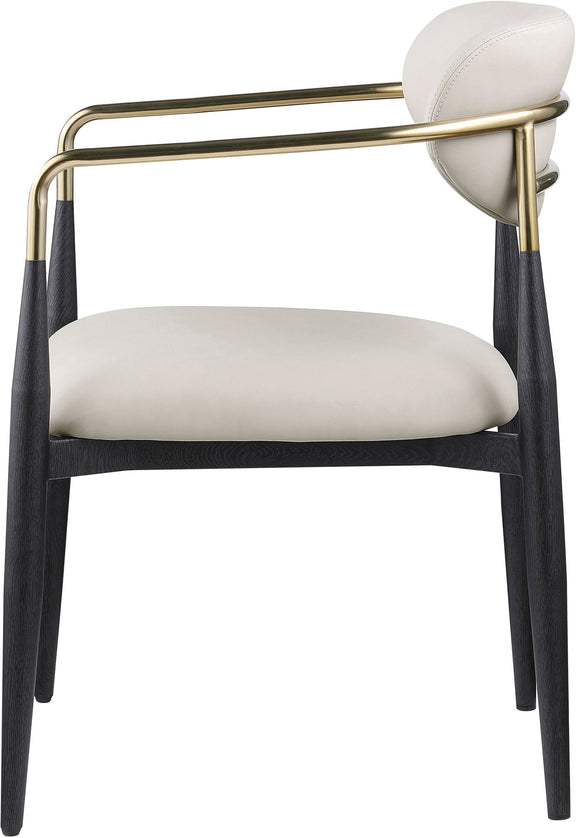 Upholstered dining arm chair with light gray seat and back, black legs, gold arm frame