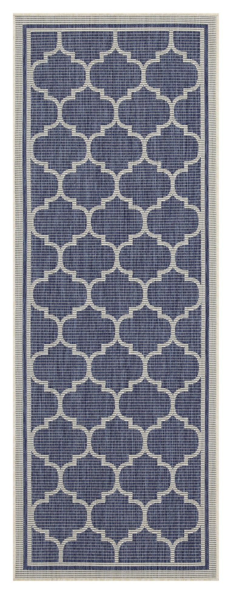 Blue polypropylene area rug with repeating quatrefoil pattern and thin border