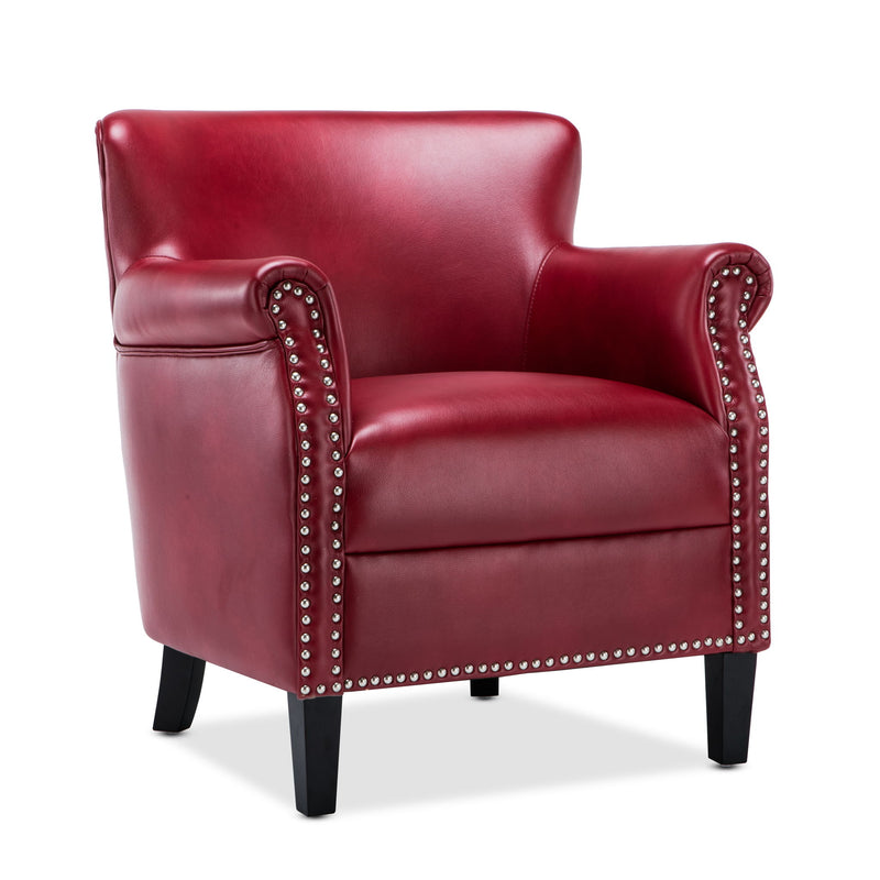 Red club chair with studded arms and nailhead trim, padded seat, dark wooden legs