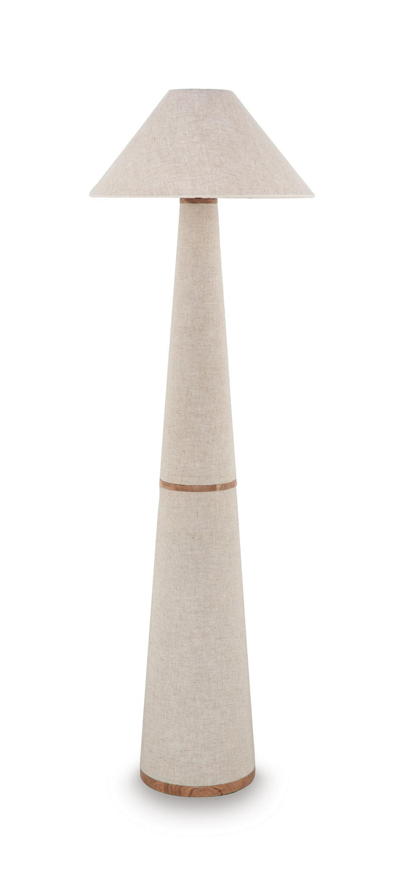 Beige fabric lampshade on slender metal table lamp with wood-tone base ring