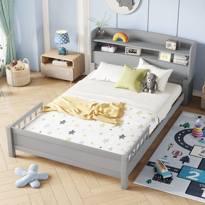 Full Pine Wood Bed with Bookcase Headboard, LED Motion Sensor Light, Bed Guardrails, Grey