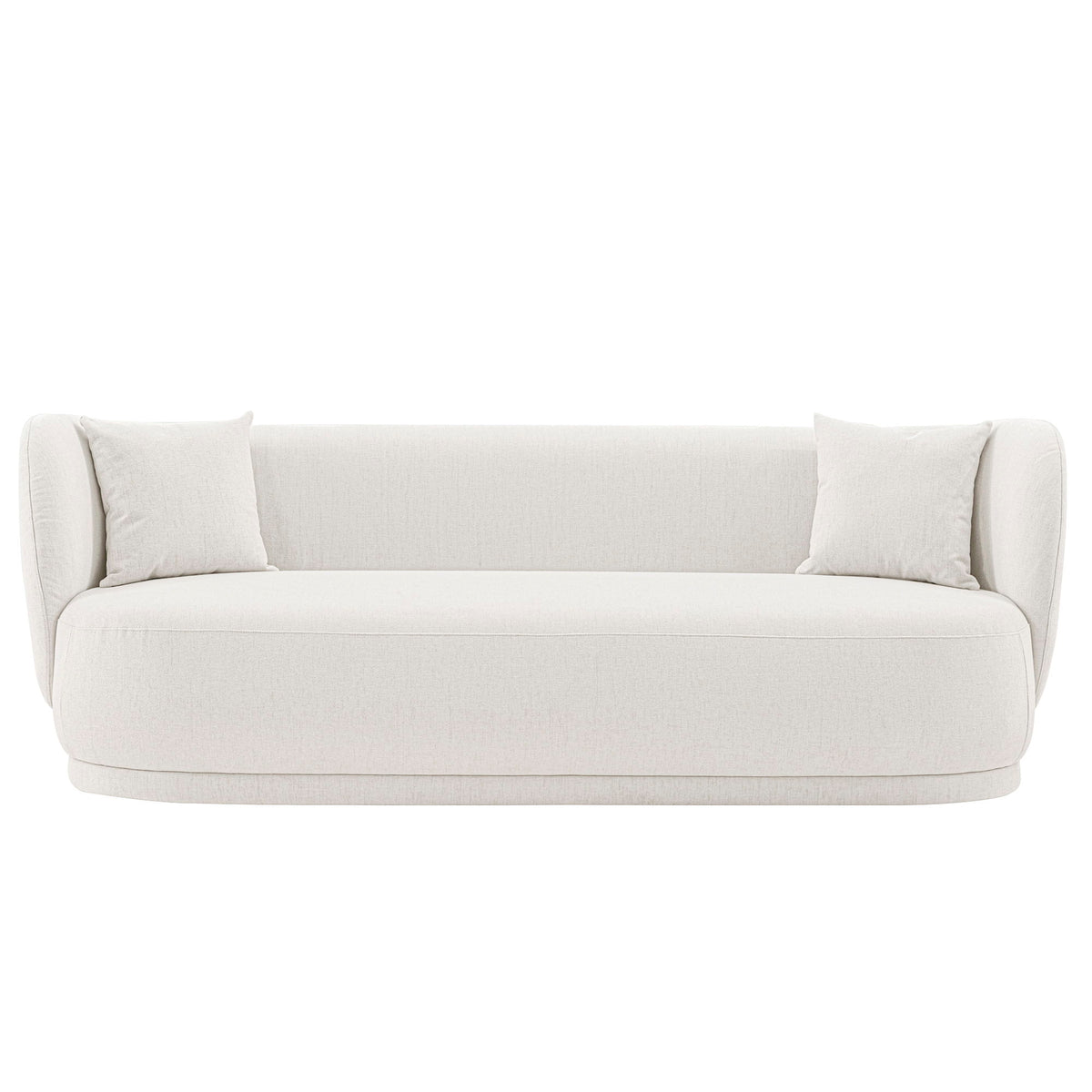 Sofa in light fabric with two square accent pillows, rounded arms, and low profile.