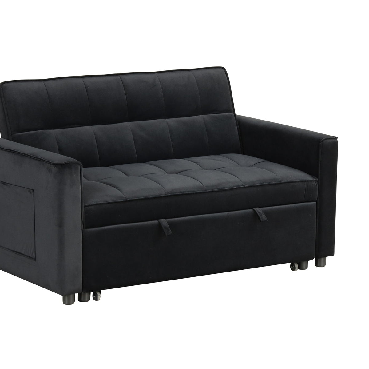 Maeve - Velvet Convertible Sleeper Loveseat With Tufting and Side Pocket - Black