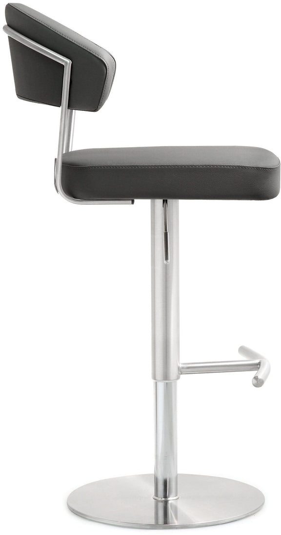 Dark gray barstool with curved padded back and seat, chrome pedestal base, and footrest.