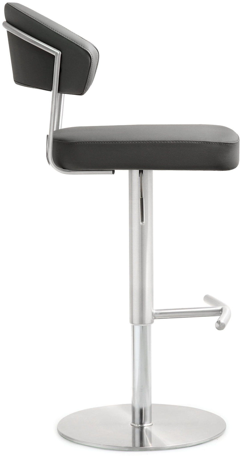 Dark gray barstool with curved padded back and seat, chrome pedestal base, and footrest.