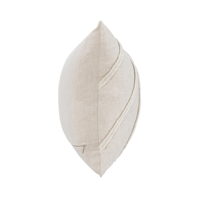 Langdon pillow corner view in natural fabric with contrast stitched edge seam