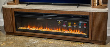 Brown TV stand with built-in electric fireplace insert and control panel