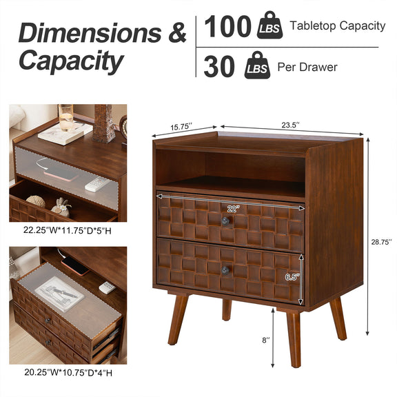 Nightstand dimension diagram with drawer and shelf measurements and weight capacities