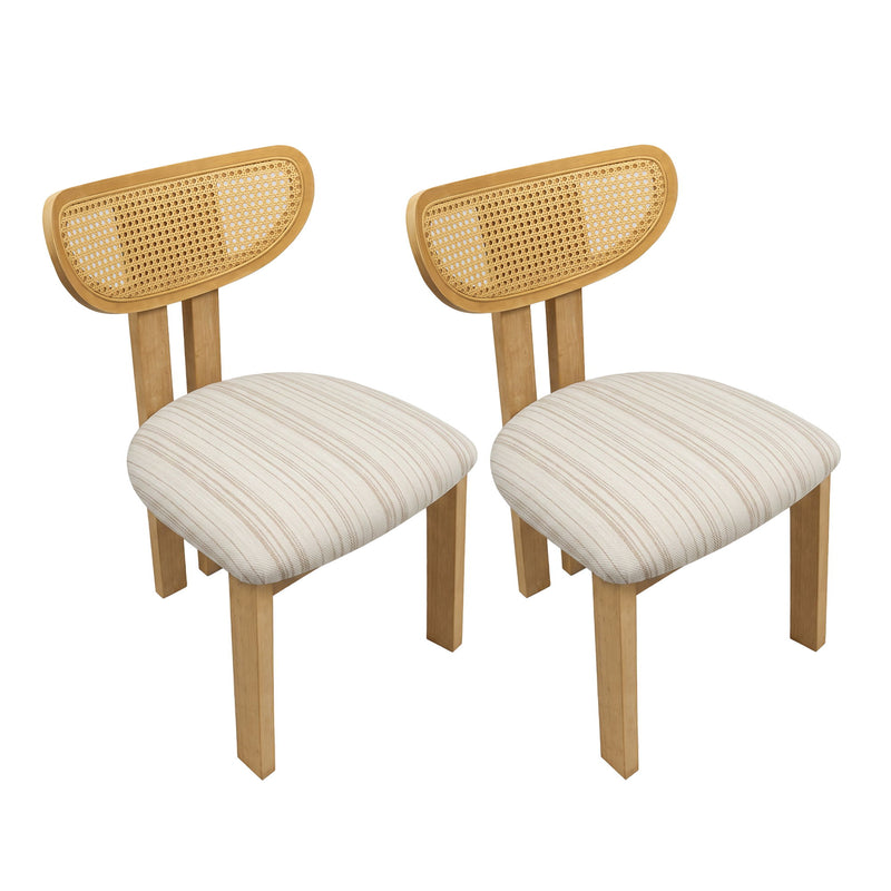 Set of two dining chairs with striped beige upholstered seats, rattan backs, and light wood frames