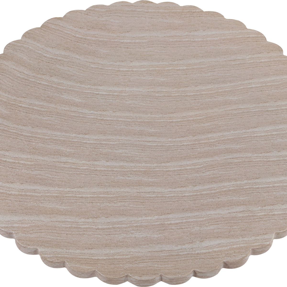 Indoor/outdoor table with round scalloped top and beige pedestal base