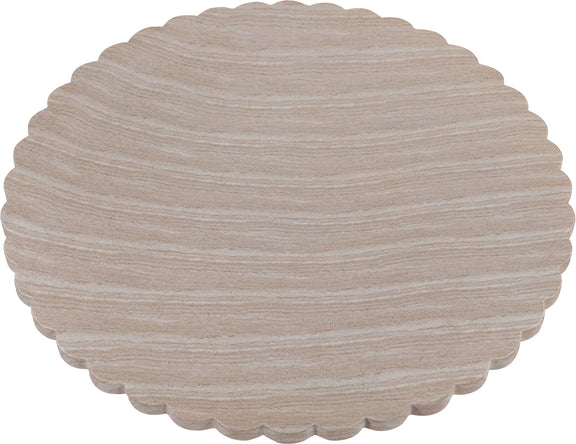Indoor/outdoor table with round scalloped top and beige pedestal base