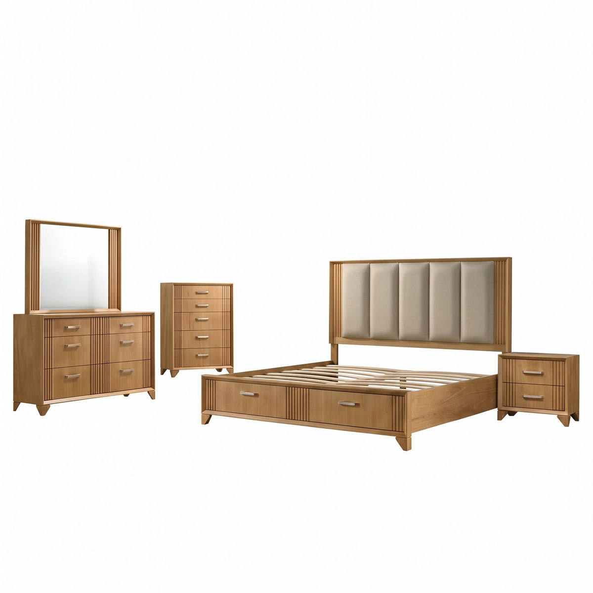 Light brown bedroom set with bed, nightstand, dresser, and wall mirror