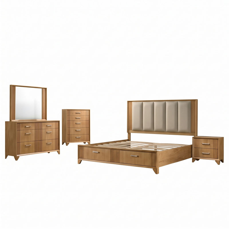 Light brown bedroom set with bed, nightstand, dresser, and wall mirror