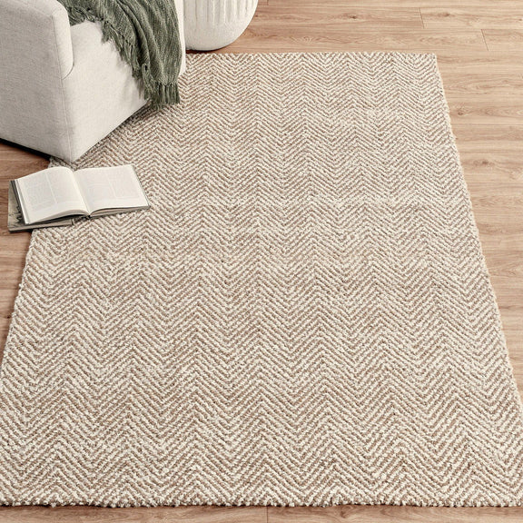 Chenille herringbone rug, light beige, large zigzag pattern, textured surface