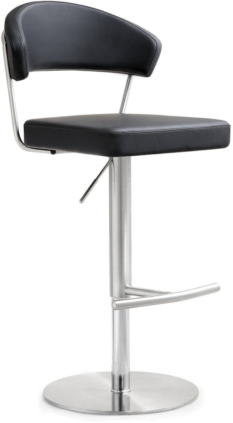 Dark gray barstool with curved padded back, padded seat, and chrome pedestal base.