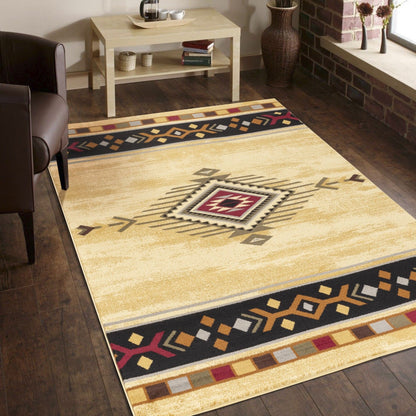 Beige area rug with southwestern geometric medallion and navy, burgundy border