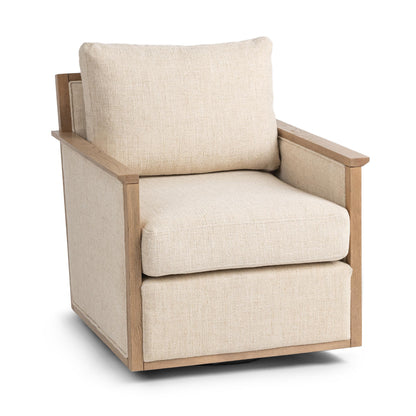 Natural linen accent chair with square arms, padded seat and back, light wood frame