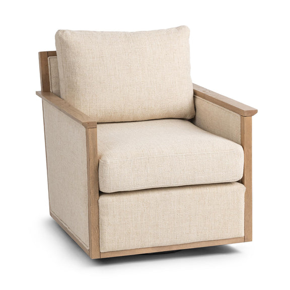 Natural linen accent chair with square arms, padded seat and back, light wood frame