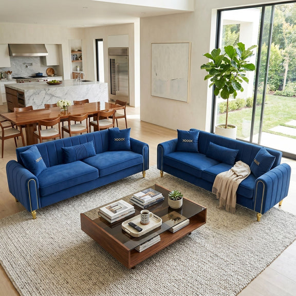 Blue three-seat sofa set with plush cushions, channel-tufted arms, and gold-tone feet
