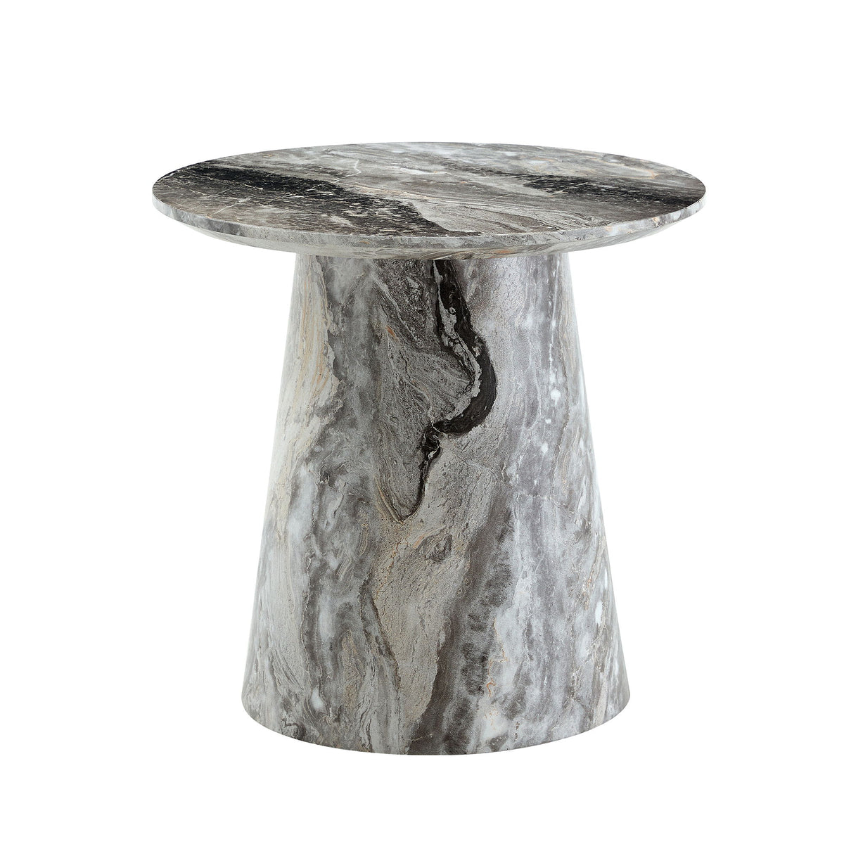Marble-look circular coffee table with adjustable feet, gray veined top and base.