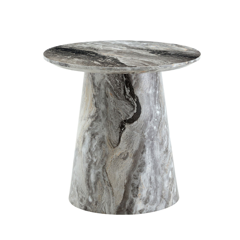 Marble-look circular coffee table with adjustable feet, gray veined top and base.