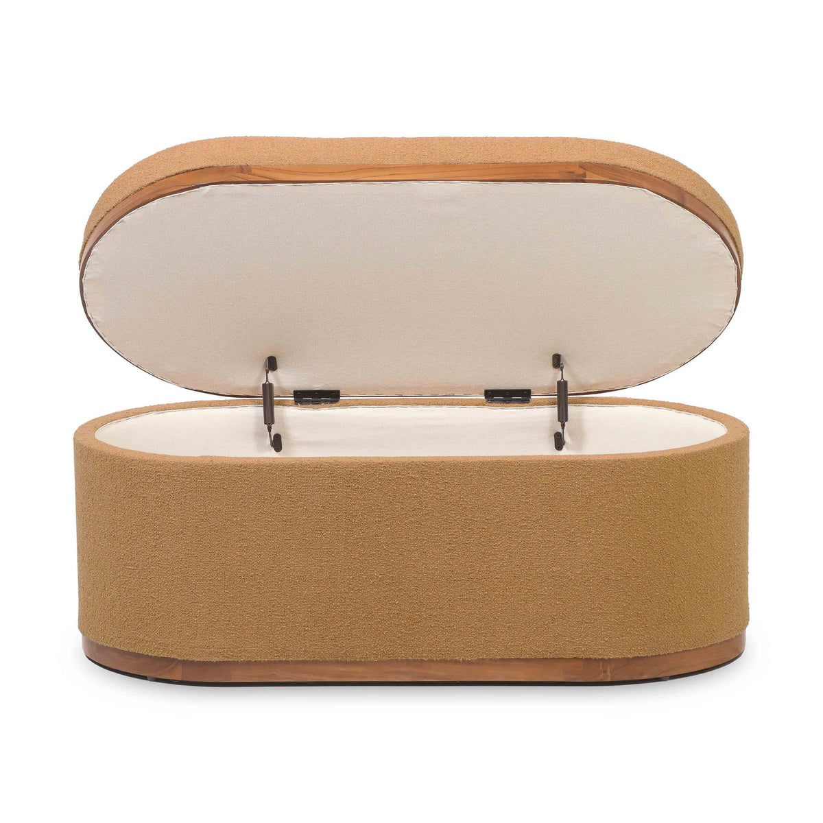Beige boucle oval storage ottoman with open lid and metal support hardware