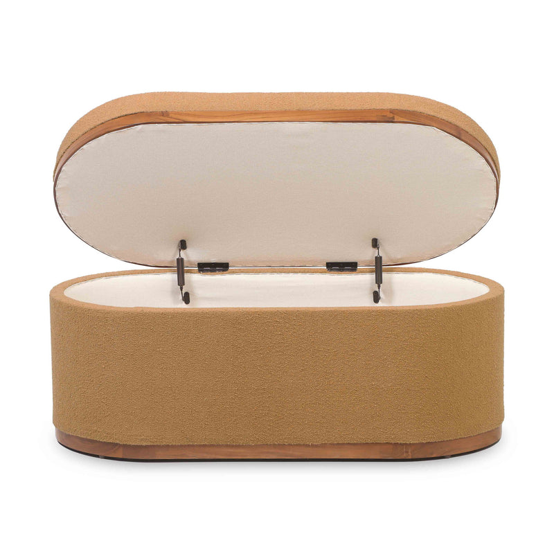 Beige boucle oval storage ottoman with open lid and metal support hardware