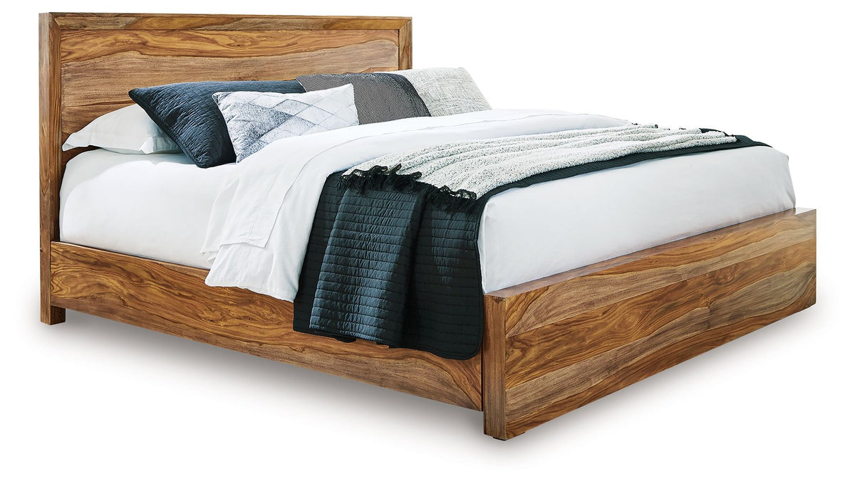Queen panel bed frame in warm brown wood with tall headboard and footboard rails