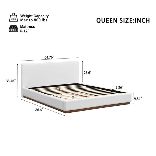 Elegant Boucle Upholstered Bed With Wood Grain Textured Solid Wood Base Frame