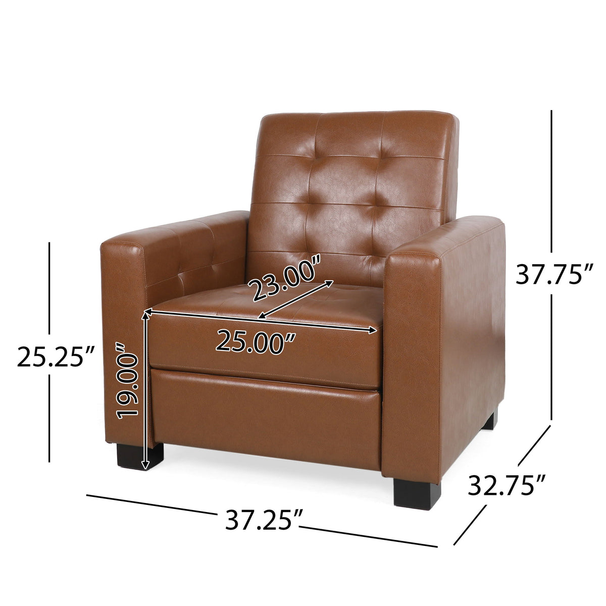 Light brown tufted recliner with dimensions labeled