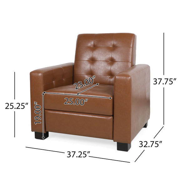 Light brown tufted recliner with dimensions labeled