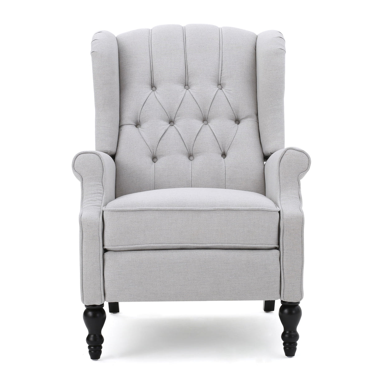 Light gray tufted wingback recliner chair with rolled arms and button tufting